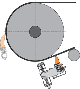 A 2-D illustration showing a secondary cleaner installed under the head pulley just behind where the belt leaves the pulley.