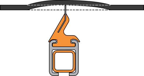 A 2-D illustration of how a secondary cleaner installed away from the head pulley will push up on the belt if a support roller is not above it.