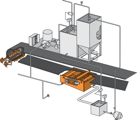 An insertable dust collector can be seen mounted directly in the transfer point area.