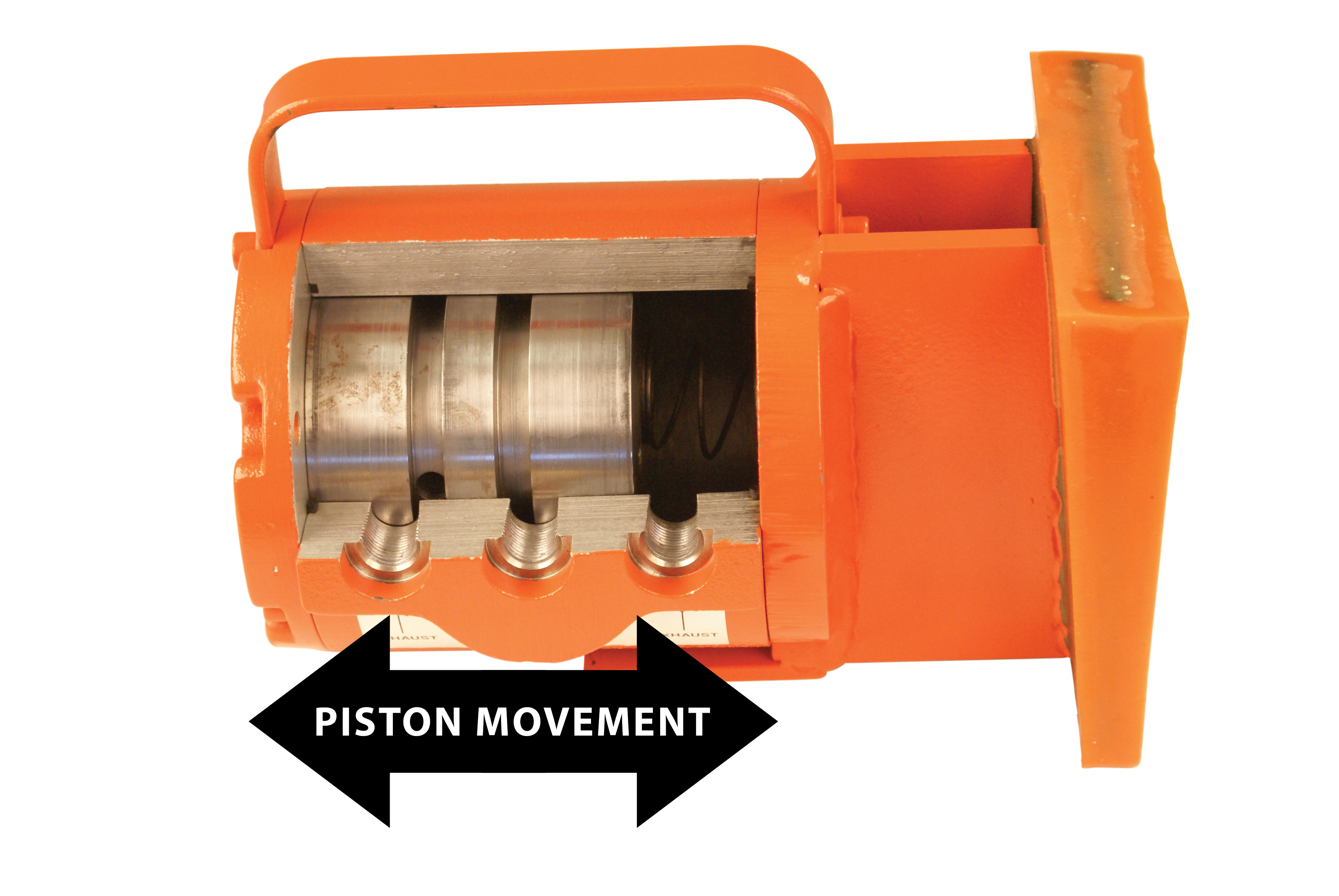 A cutaway of a linear piston shows the piston inside the vibrator casing. An overlaid arrow shows the piston movement is in-line with the piston.