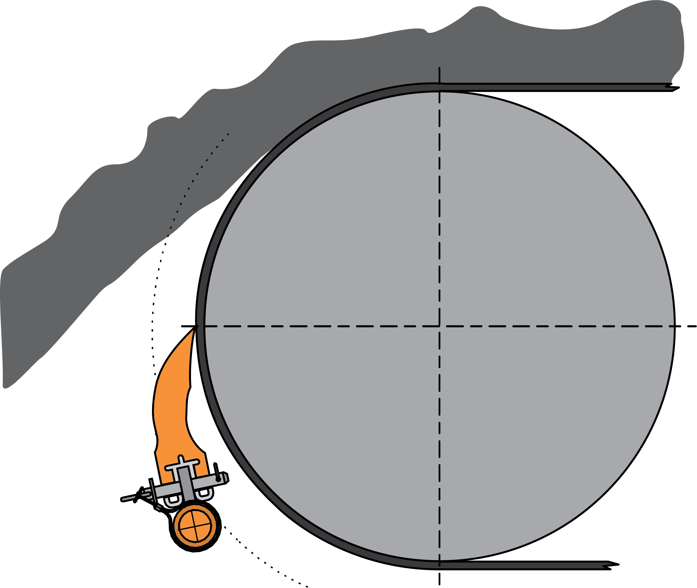 A 2-D illustration showing a pre-cleaner installed under the material flow of the face of the head pulley.