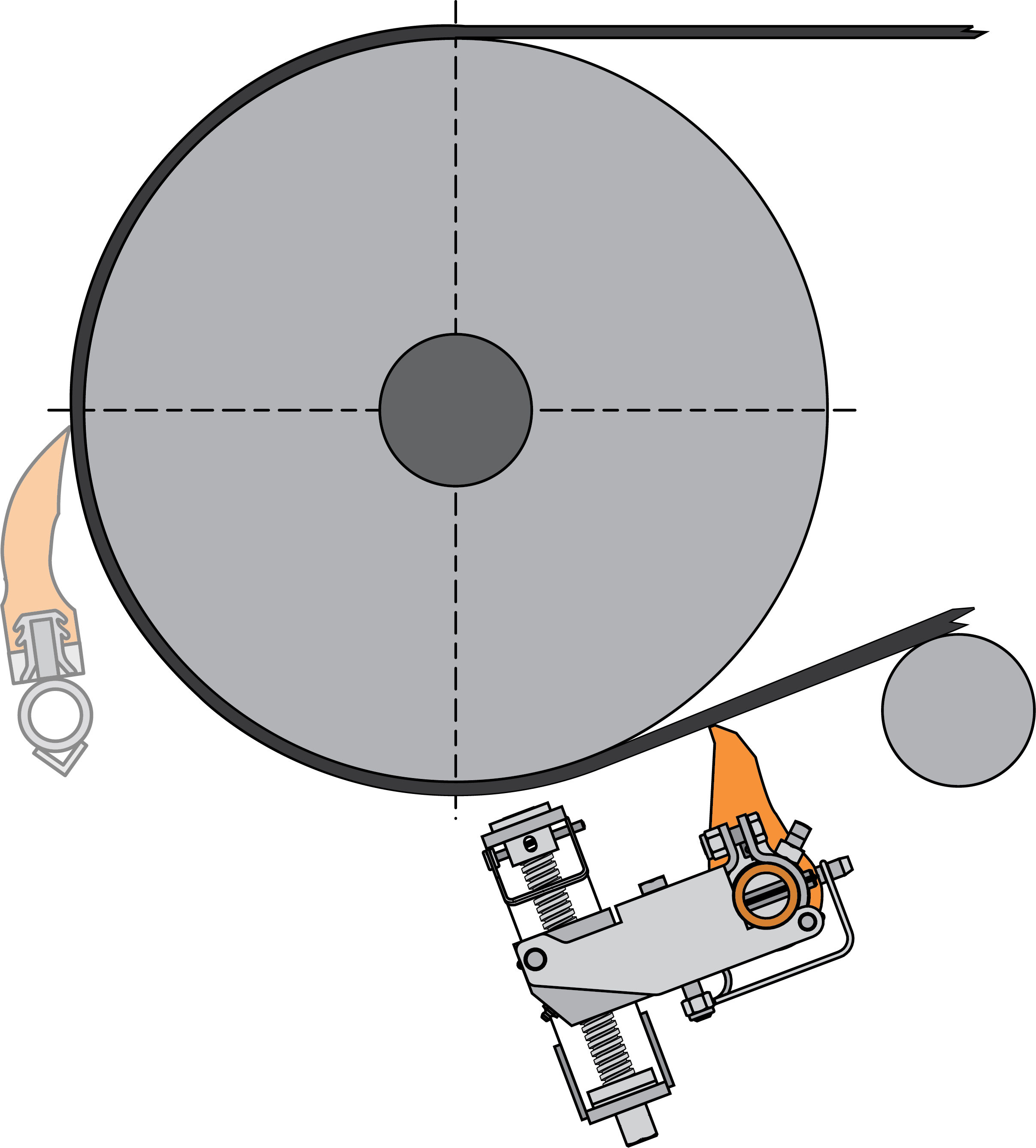 A 2-D illustration showing a secondary cleaner installed under the head pulley just behind where the belt leaves the pulley.