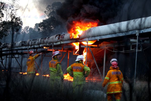 Conveyor belt on fire.